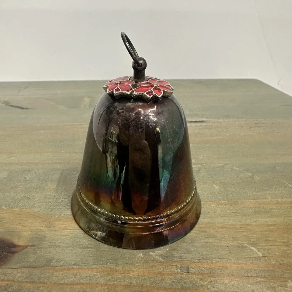 Vintage Wallace Silver‎ Plated Christmas Bell Ornament Enamel Poinsettias 1973